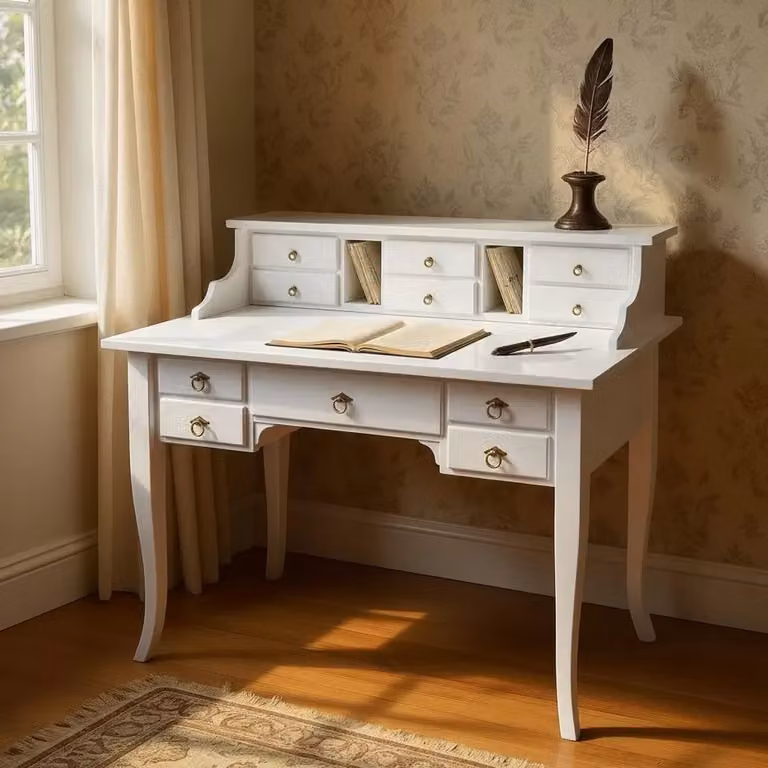 Scrivania shabby chic in legno bianco con 11 cassetti Mobili 2G L: 120 cm, P: 57 cm, H: 104 cm