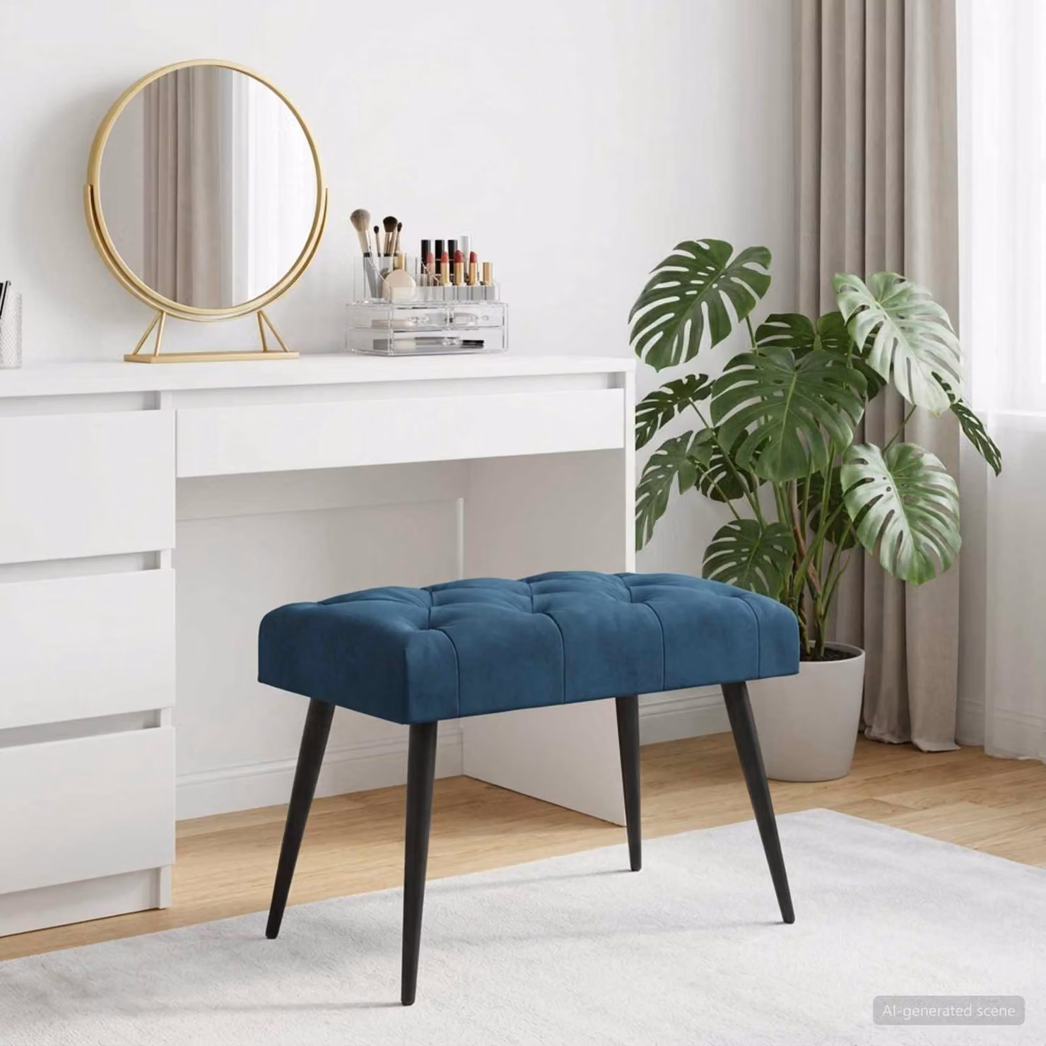 Panchina moderna vidaXL in velluto blu con bottoni imbottiti L: 60 cm, P: 40 cm, H: 45 cm