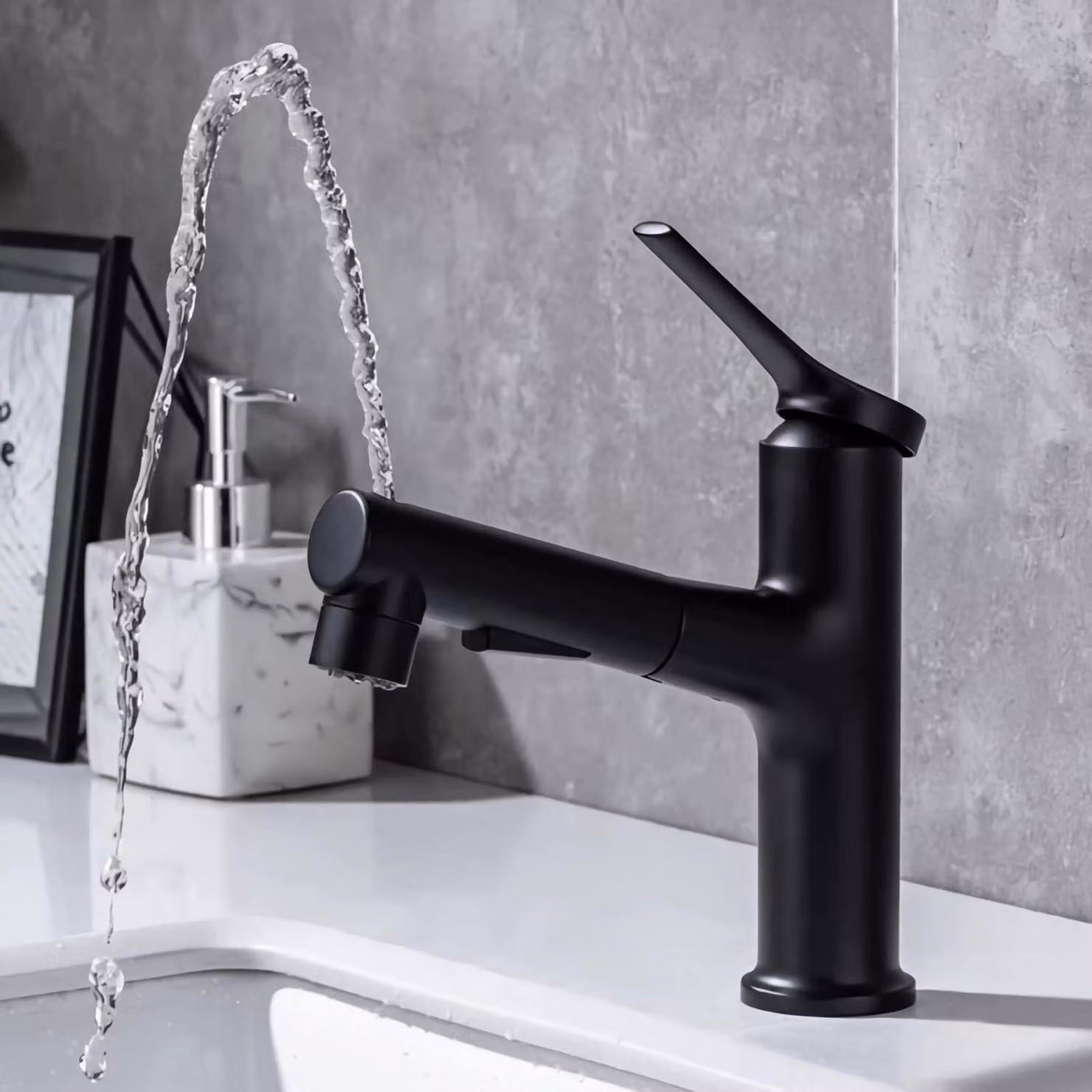Miscelatore da lavabo estraibile, 2 modalità di spruzzo, colore nero, finitura in rame