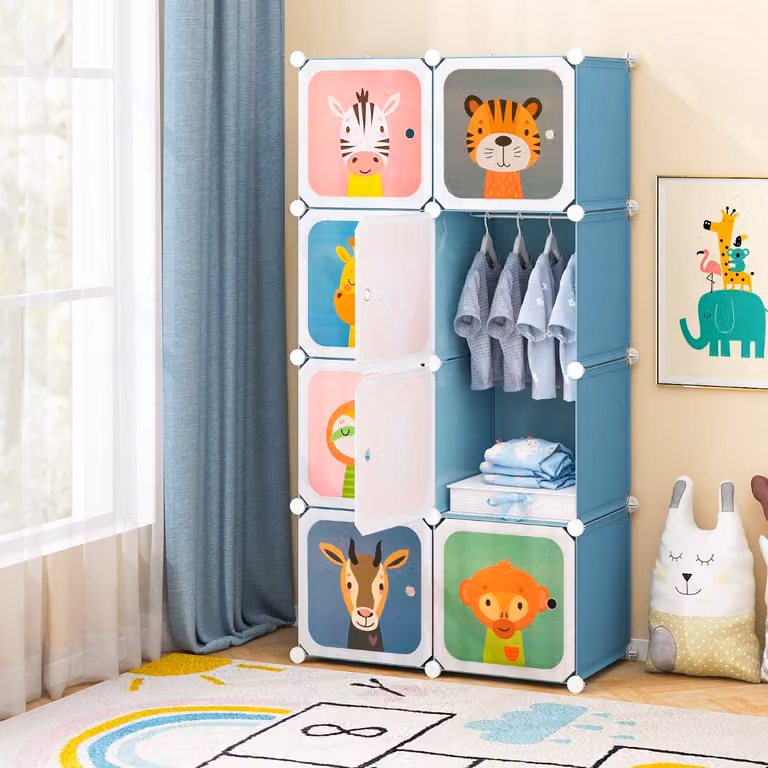 Armadio portatile per bambini Costway con 8 cubi, barra appendiabiti e motivi animal print, colore blu