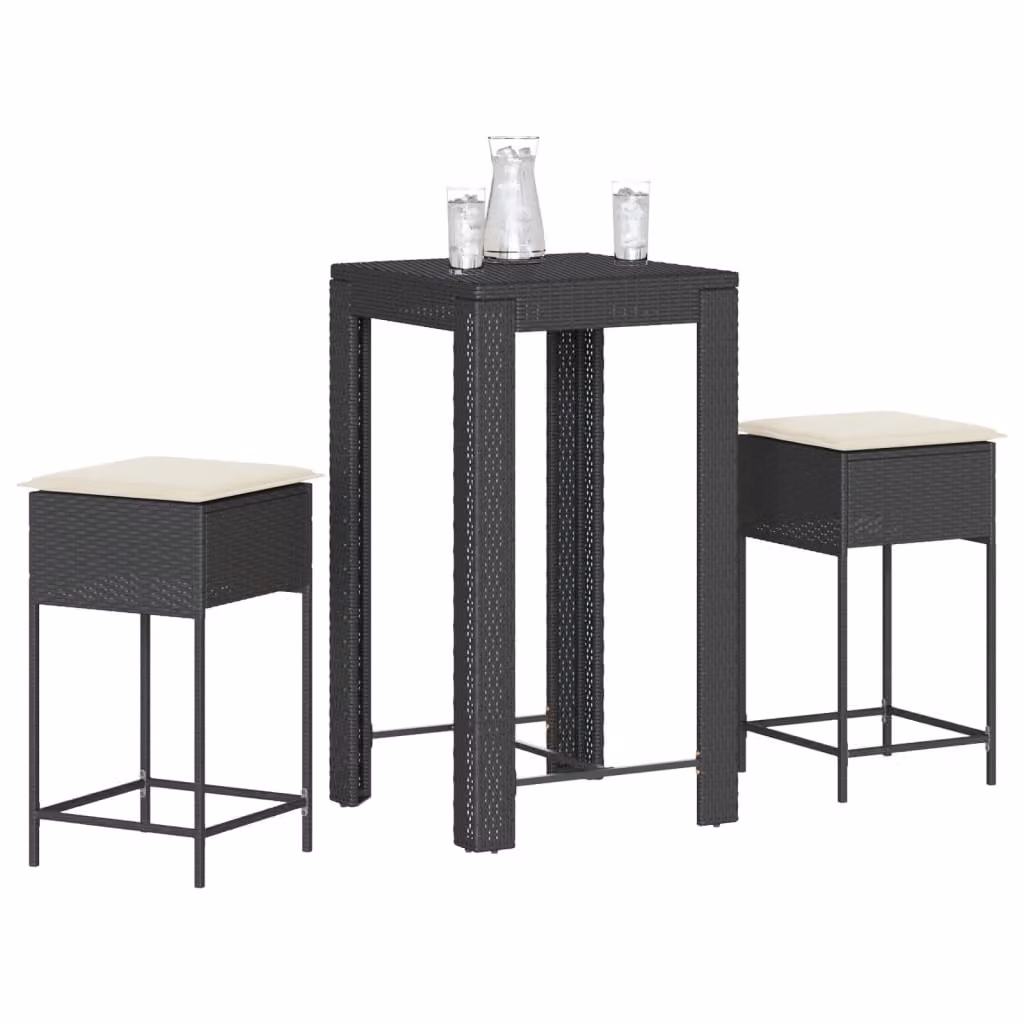 Set Bar da Giardino vidaXL in Polyrattan Nero con Cuscini 3 Pezzi