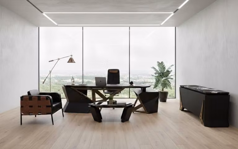 Set di mobili da ufficio eleganti, color nero, composto da scrivania, mobile contenitore e tavolino