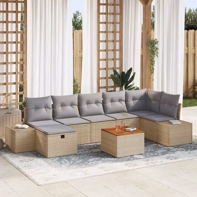 vidaXL Set Divano da Giardino a L in Polyrattan Beige con 8 Pezzi e Cuscini