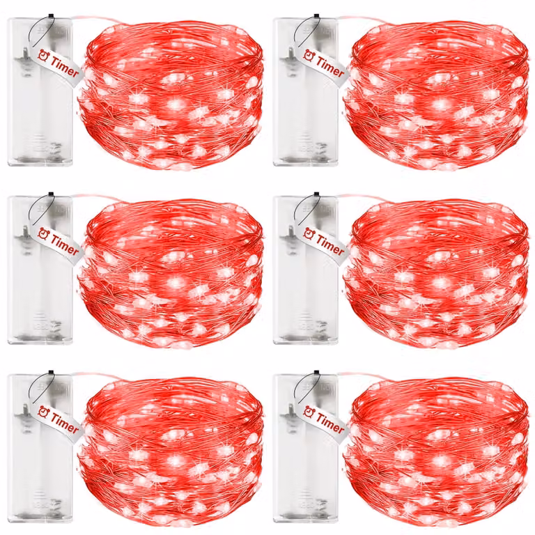 Catena luminosa da 3 metri, con 30 LED, impermeabile, filo di rame, confezione da 6 pezzi, colore rosso