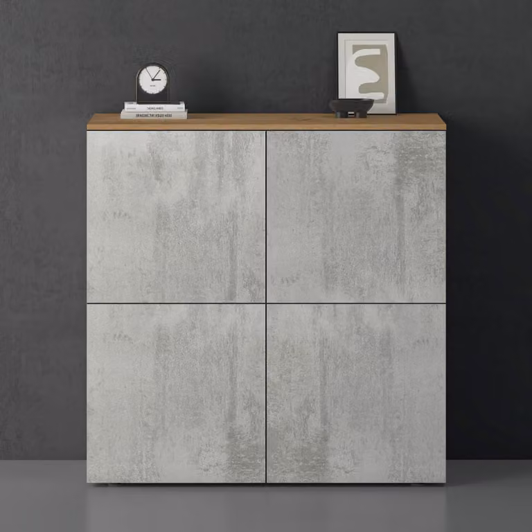 doporro Mobile Organizzatore Credenza Buffet in Legno con 4 Ante Push-to-Open e Soft-Close per Soggiorno, Sala da Pranzo o Ingresso, 100x36,4x100 cm Marrone chiaro e Calcestruzzo Schrank04