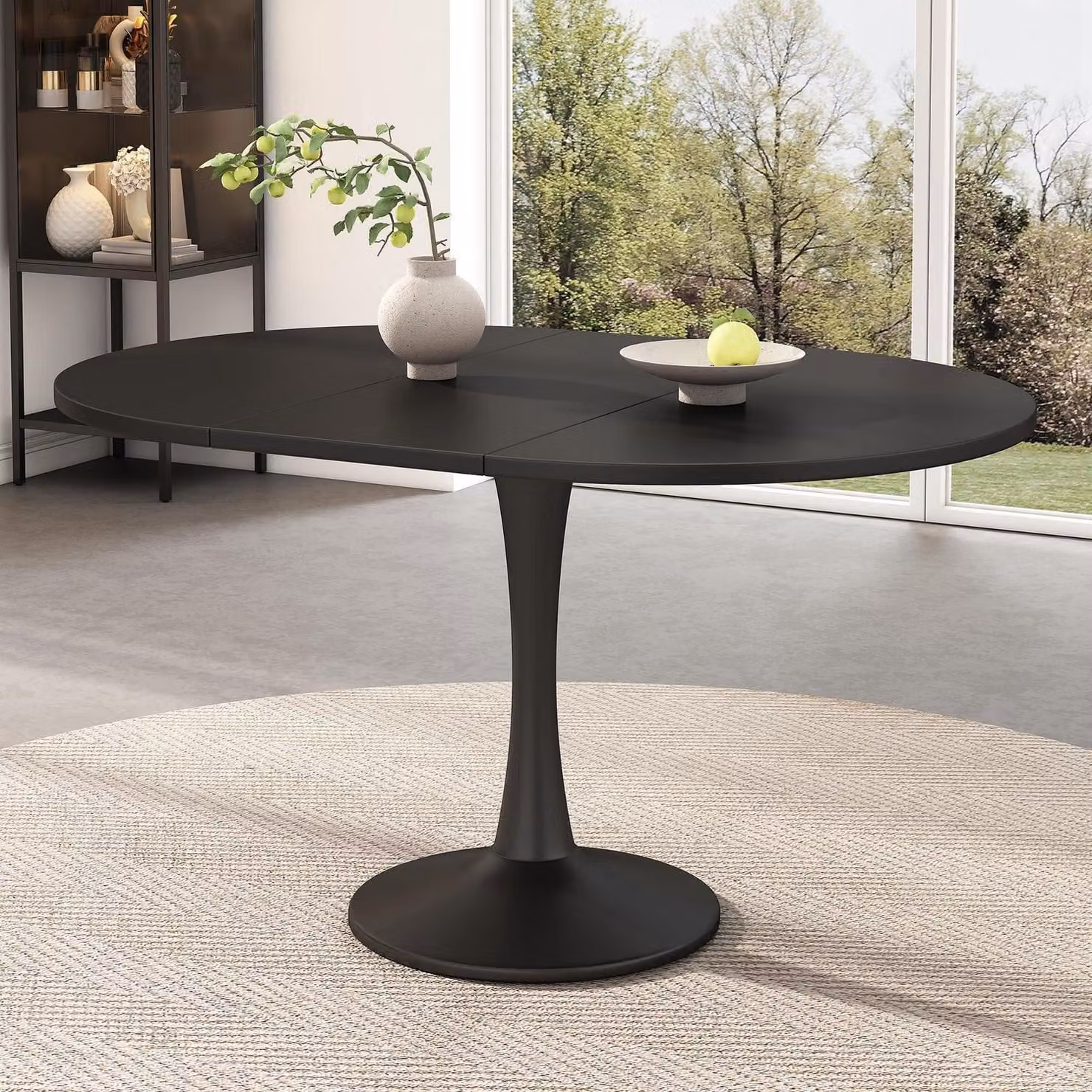 Tavolo da pranzo allungabile, forma ovale, dimensioni 100/140 x 100 x 75 cm, colore nero, materiale: MDF