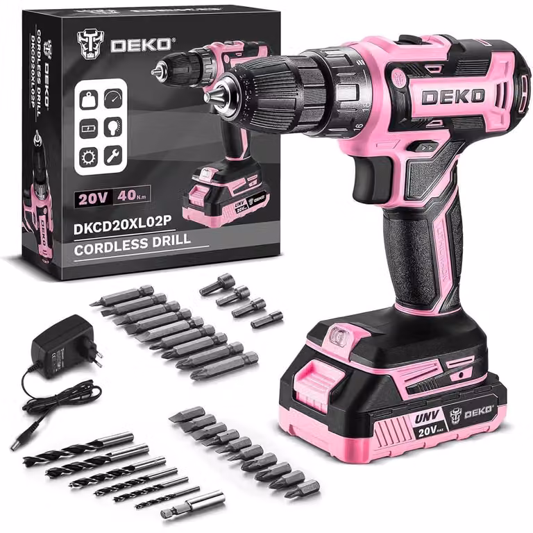 Set di avvitatori a batteria da 20V, 30 pezzi, con trapano a percussione, coppia di 40 Nm, inclusi batteria e caricabatterie, colore rosa