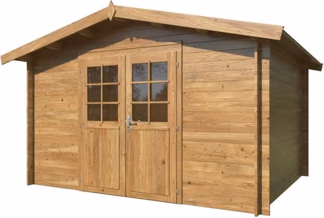 Casetta da giardino in legno Losa marrone con porta doppia in vetro, serratura e deposito esterno, spessore 28 mm, L: 358 cm, P: 296 cm