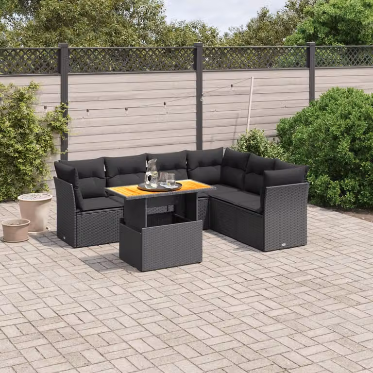vidaXL Set Divani da Giardino a L con Cuscini 7pz in Polyrattan Nero e Legno di Acacia
