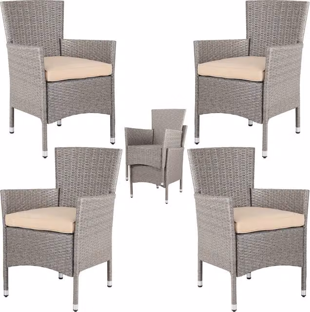 Set di 4 sedie da giardino impilabili Casaria in metallo e rattan con cuscini beige e grigi
