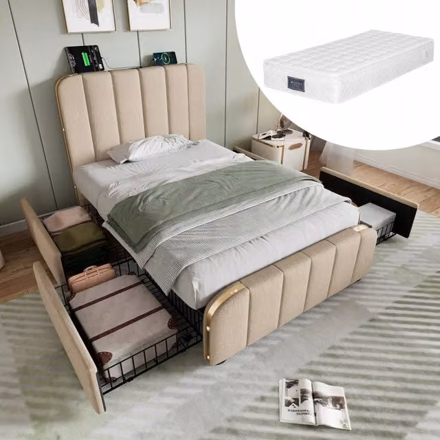 Letto imbottito 90x200 - Xylo - Beige, 4 cassetti, USB-C