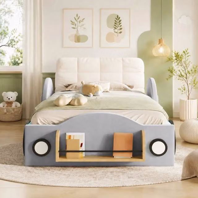 Letto contenitore Mivray in velluto grigio con sollevamento idraulico, tasche laterali e ripiano per libri, L/P: 90 x 200 cm