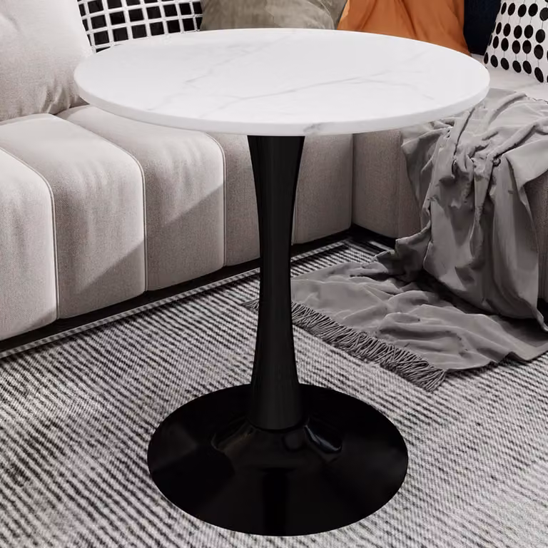 MODFU tavolino da caffè in stile metà secolo moderno, tavolino da salotto con piano rotondo in marmo (diametro 70 cm), tavolino da divano con gambe alte e tavolo rotondo di design, bianco+nero