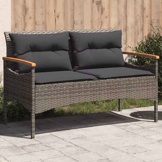 Panchina da giardino moderna vidaXL in legno di acacia oliato e rattan grigio con cuscini L: 116 cm, P: 62,5 cm, H: 74 cm – 1