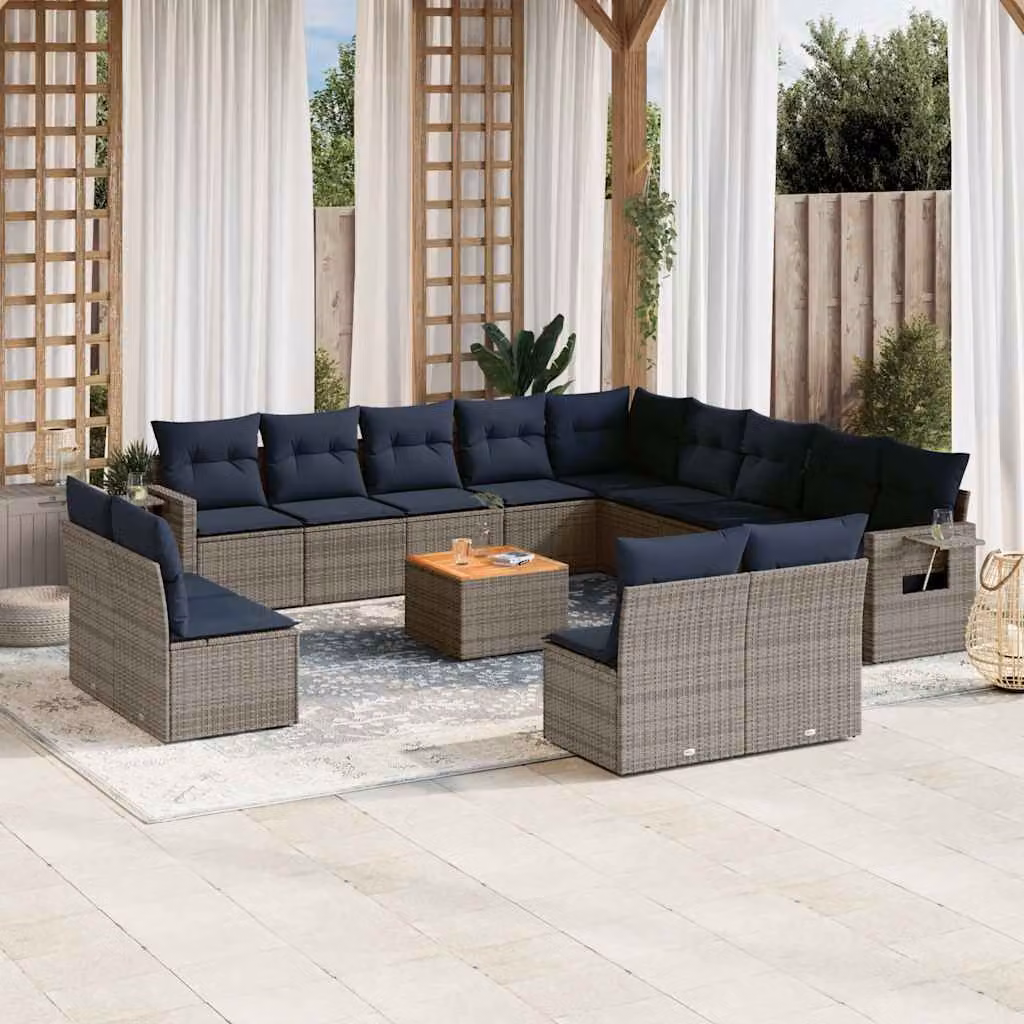 Set di divani da giardino vidaXL in polyrattan grigio con cuscini e tavolino da esterno a forma di U