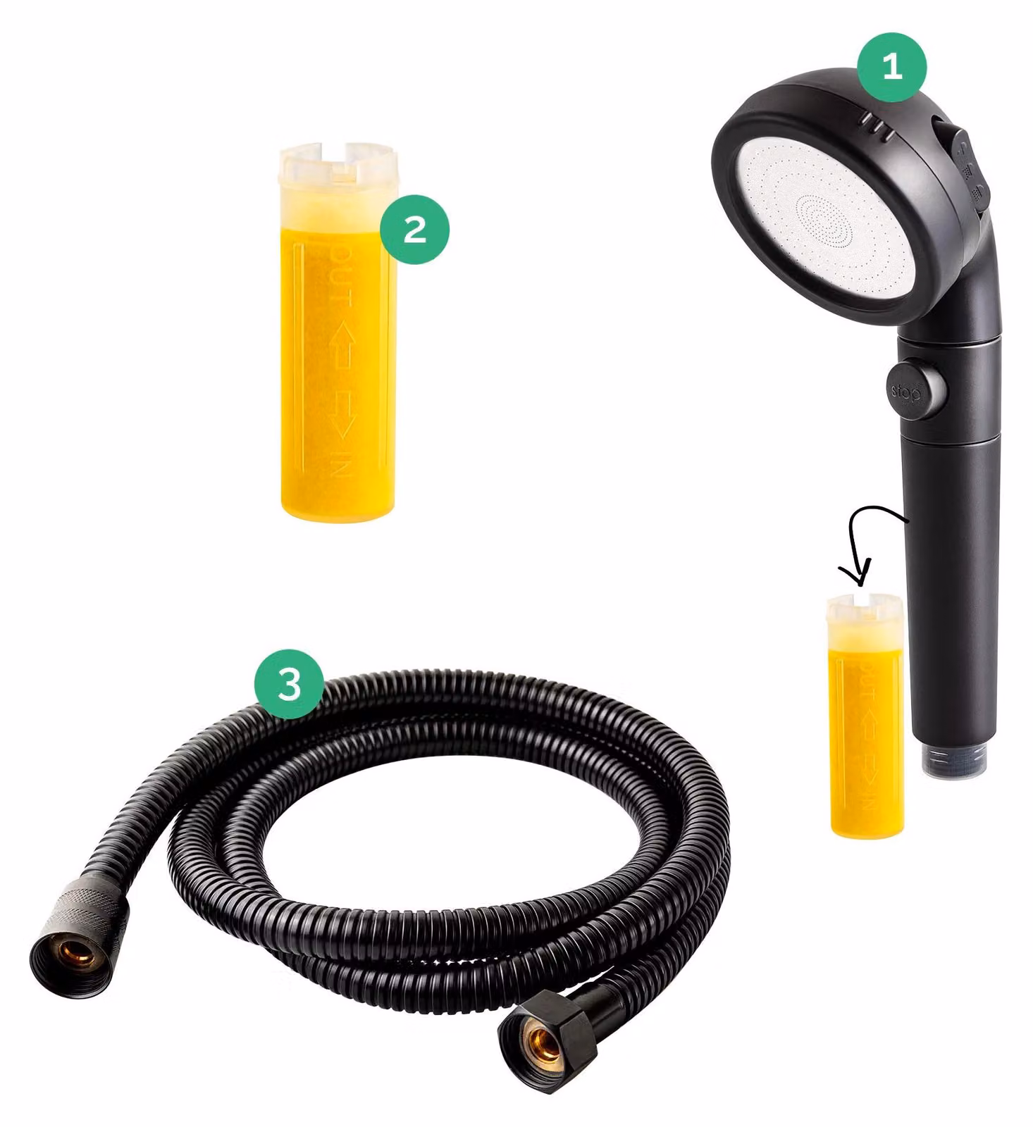 Testina doccia ionica con vitamina C, kit 3-in-1, colore nero opaco
