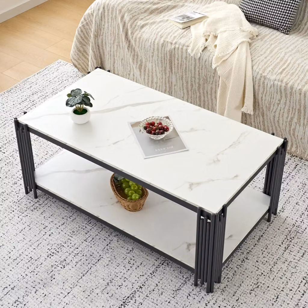 Tavolo da caffè rettangolare REDOM con effetto marmo bianco e nero in MDF, L/P/H: 114 x 64 x 46 cm – 2
