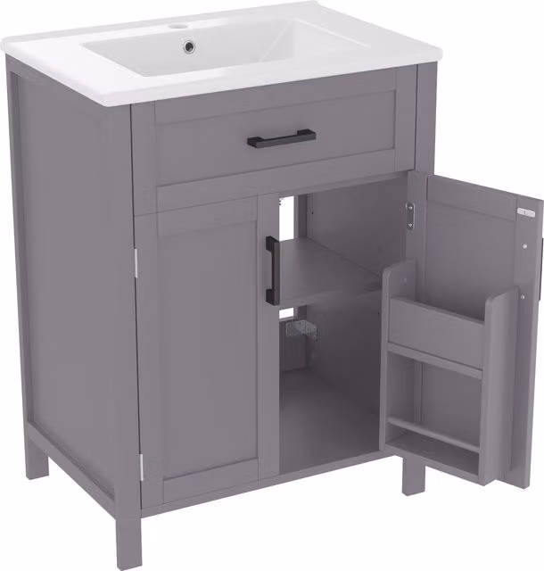 Armadio da bagno indipendente con lavabo, scaffali a doppia anta, cassetti pratici, scaffali regolabili, 60x46x84,8 cm, Grigio