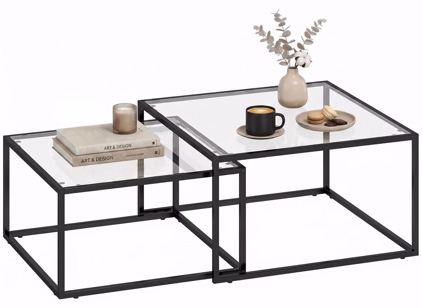 Set di 2 tavolini da caffè - Tavolini laterali impilabili - Piano in vetro temperato - Struttura in metallo - Forma quadrata - Dimensioni: 75 x 75 x 42 cm e 65 x 65 x 36 cm - Colore: nero