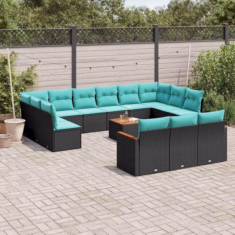 Set di divani da giardino vidaXL 14 pezzi con cuscini e tavolino da esterno in polyrattan nero e struttura in acciaio con dettagli in legno di acacia