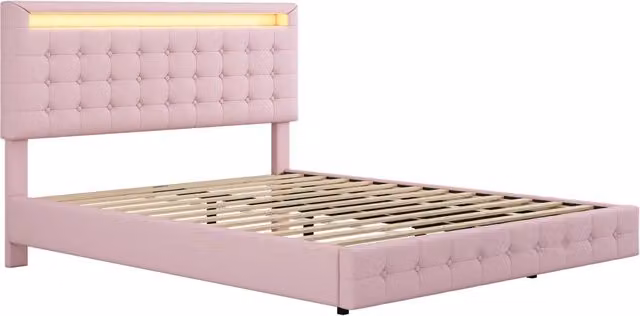 Letto Fluttante 140x200 cm con LED Ambientale, Testiera Regolabile a 3 Altezze, Materiale PU Rosa