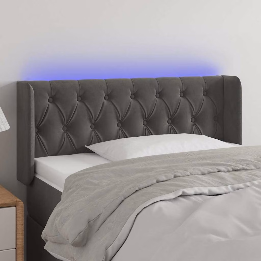 Testiera per letto vidaXL in velluto grigio scuro con illuminazione LED e porta di ricarica USB, L: 93 cm, P: 16 cm, H: 78-88 cm