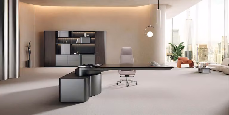 Set da ufficio marrone: scrivania angolare di design, poltrona robusta, libreria