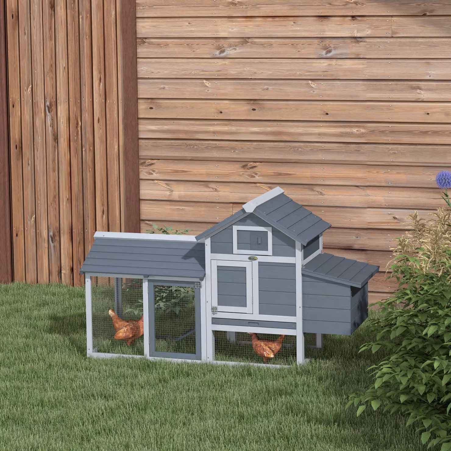 Pollaio prefabbricato in legno PawHut con recinzione per giardino, ideale per 2 galline, L: 150.5 cm, P: 54 cm, H: 87 cm, Grigio Scuro – 2