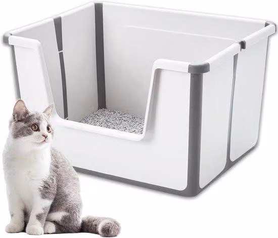 Gabbia per gatti grande, grigia e impermeabile con ingresso basso