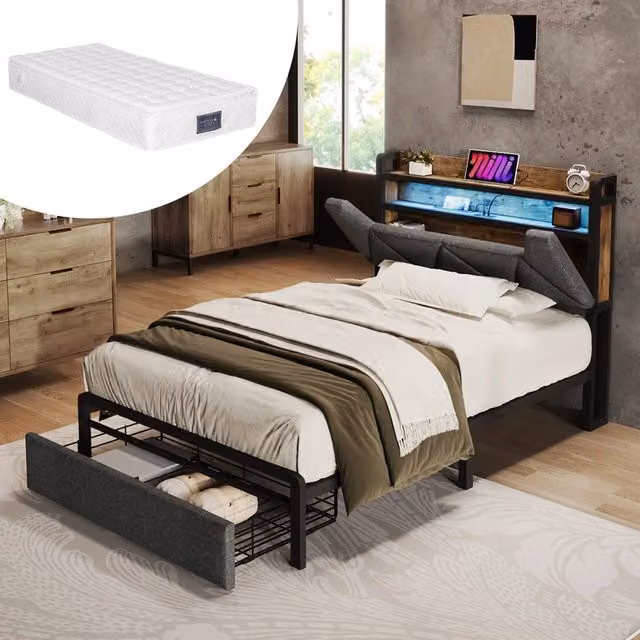 Letto Contenitore Imbottito con LED e USB-C ¨C MINIMAL ¨C Grigio, Metallo, Testiera, Cassetti, 90x200, con materasso