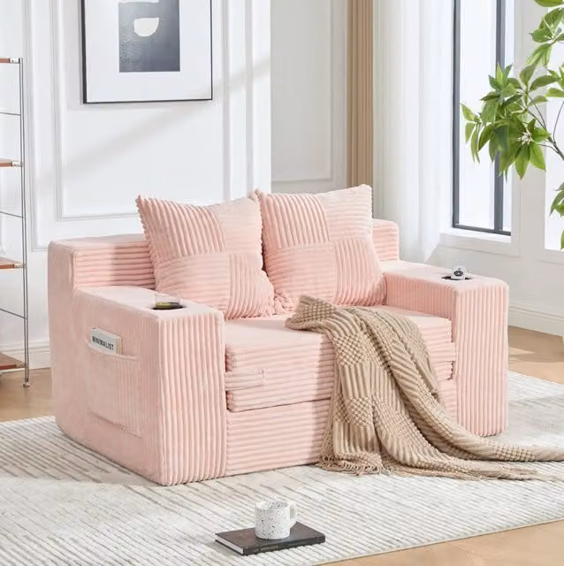 Divano pouf 151x133 cm in velluto a coste rosa con tasche laterali HOMVRA