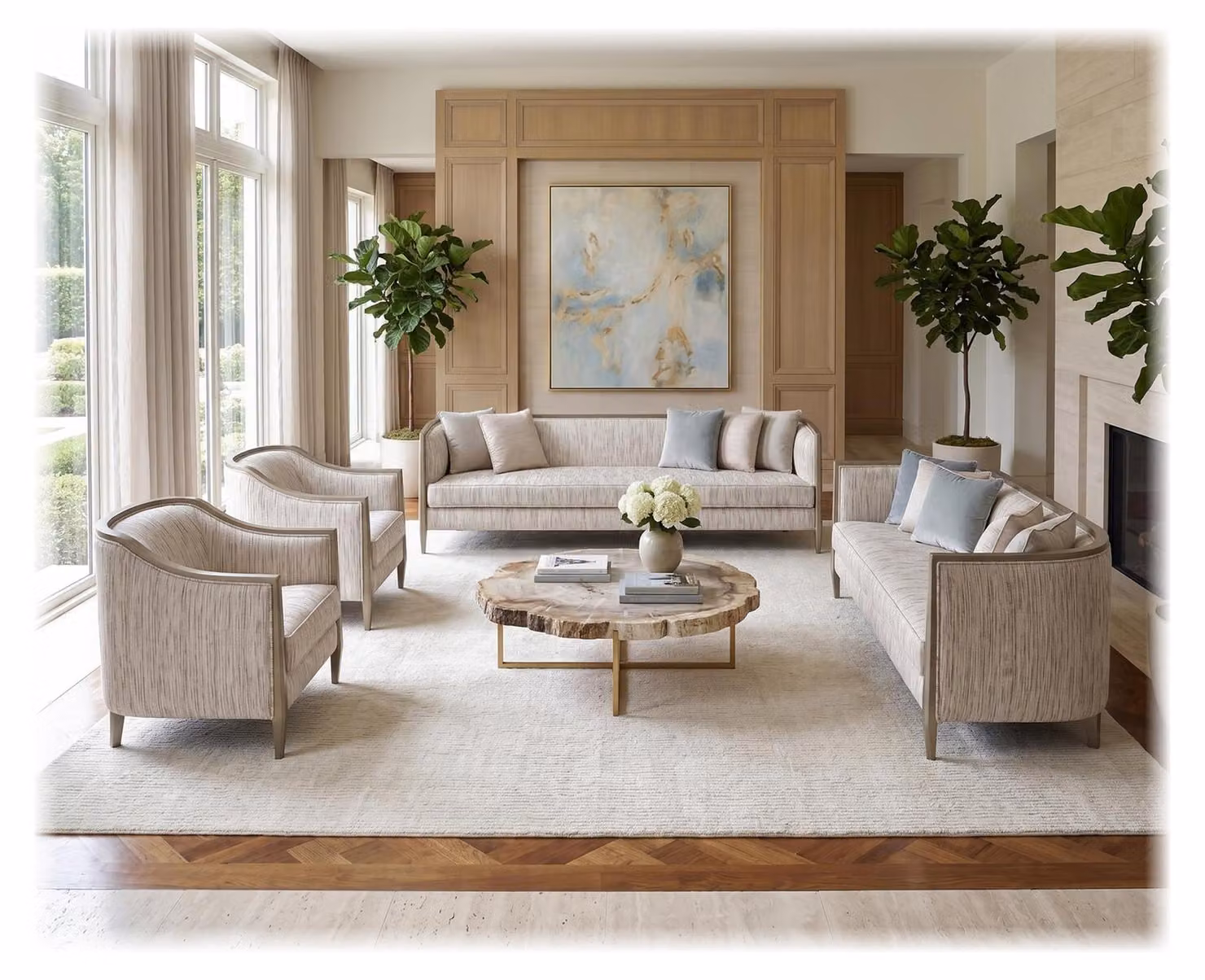 Divano componibile di alta qualità, design moderno, linee pulite, tessuto color beige chiaro