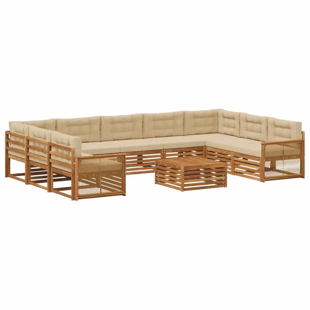 Set di divani da esterno a forma di U vidaXL in legno di acacia con cuscini, Beige e Marrone – 2