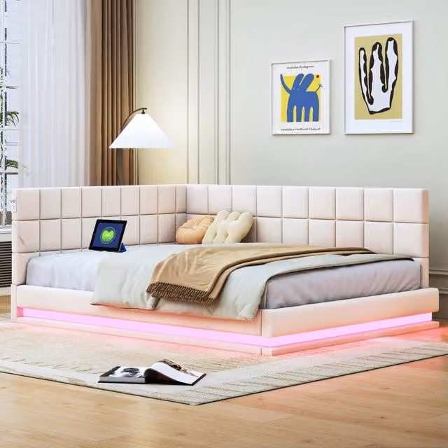 Divano letto imbottito 140x200 trasformabile con LED e presa USB; beige