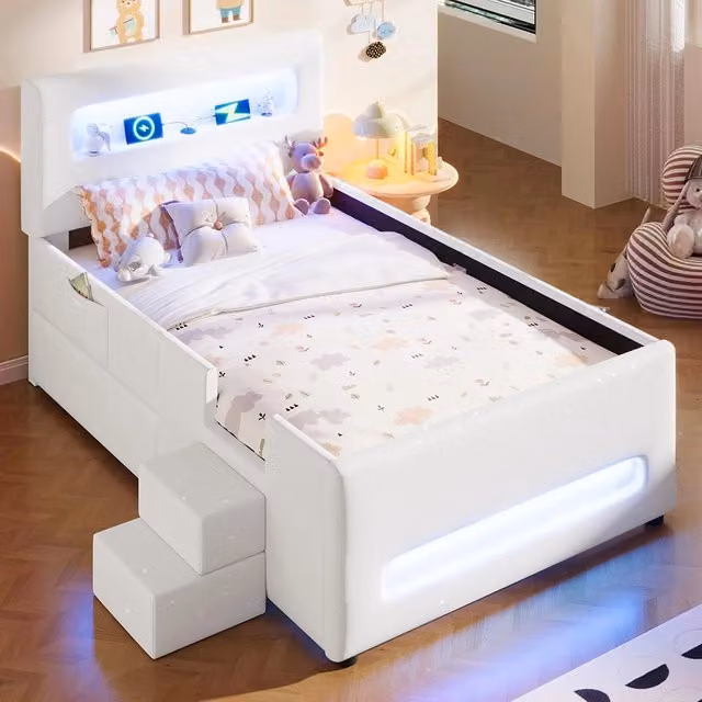 Letto imbottito 90x200cm?- Xylo - scala LED 2 cassetti bianco