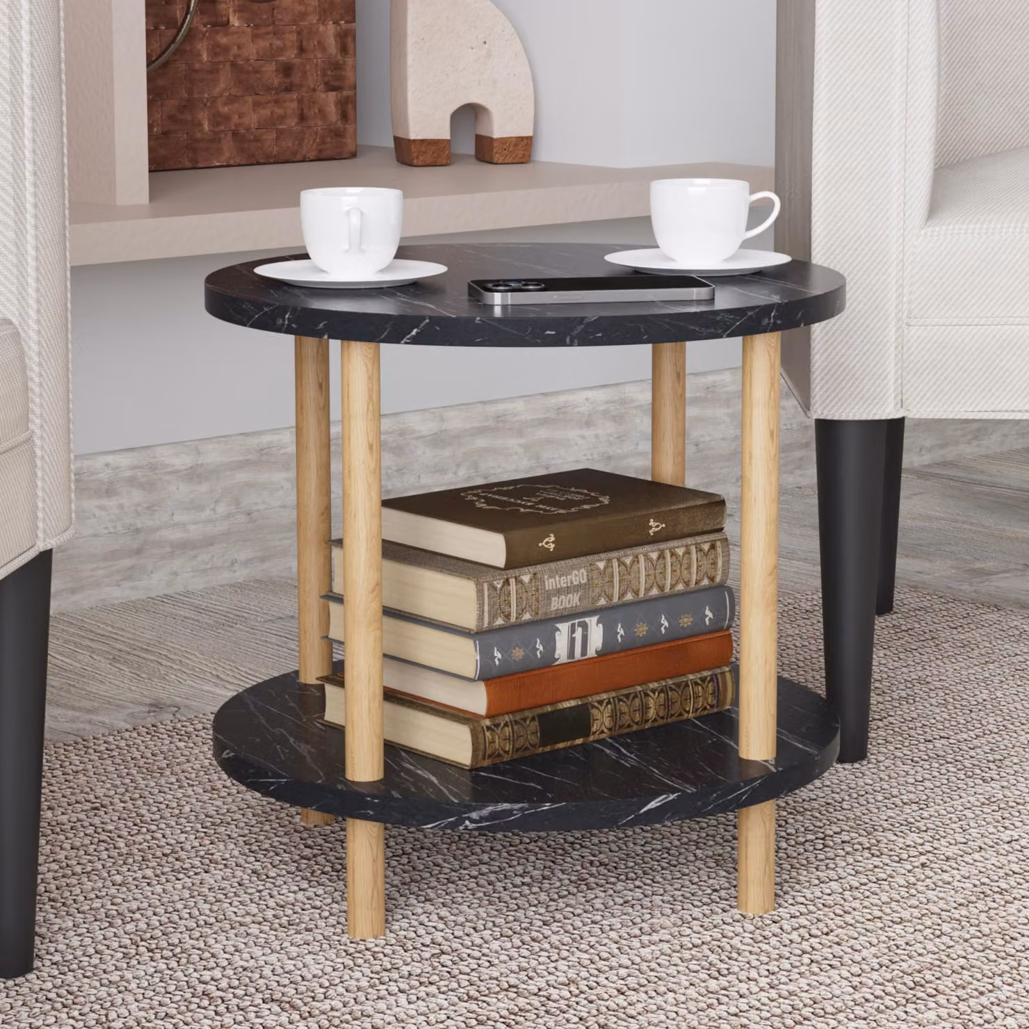 Tavolino 'Ves' con ripiano inferiore 49 x Ø42 cm effetto marmo, nero