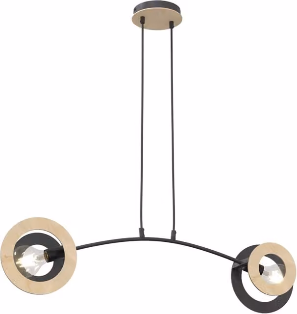 Lampadario a soffitto moderno Luceart-Classic Djehuty con 2 luci in acciaio nero e legno naturale con diffusori a doppio cerchio