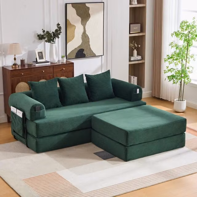Divano modulare 200x190x67 cm in tessuto a coste verde con contenitore per monolocale –