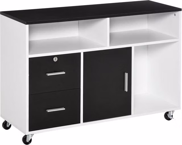 Cassettiera da ufficio con ruote e serratura Xylo nero e bianco L 100 cm, P 35 cm, H 65 cm