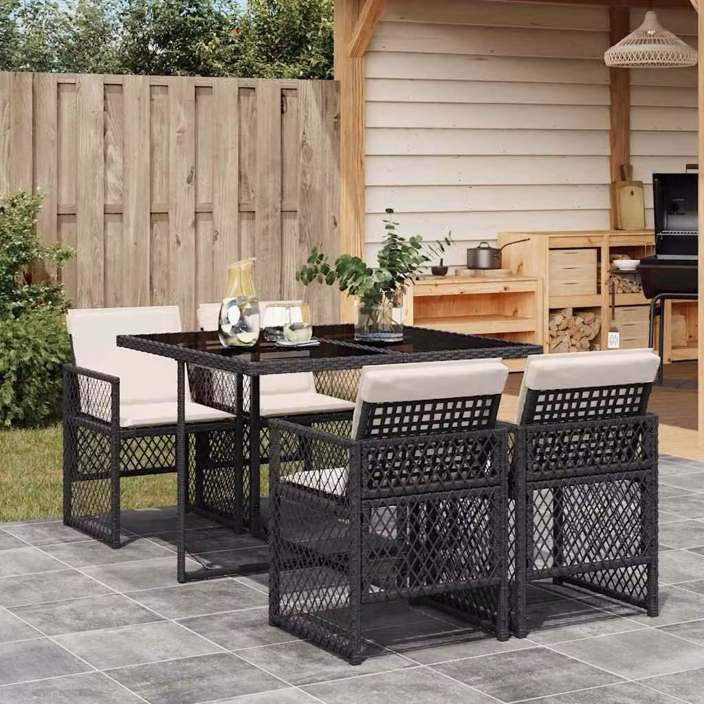 vidaXL Set da Pranzo da Giardino 5 pz in Polyrattan Nero con Cuscini e Tavolo in Vetro – 1