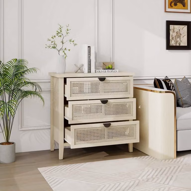Cassettiera AIORBER, tre cassetti, in rattan a nido d'ape, design ventilato, antiribaltamento, per soggiorno, camera da letto, 80x40x80cm, natura