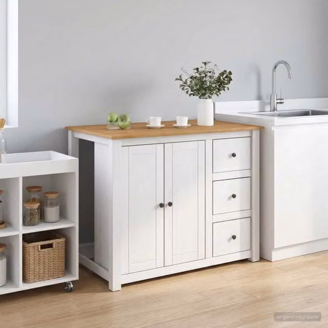 Set isola da cucina moderna vidaXL PANAMA in legno di pino, Bianco e Cera di Miele, L/P/H: 112 x 77 x 90 cm – 1