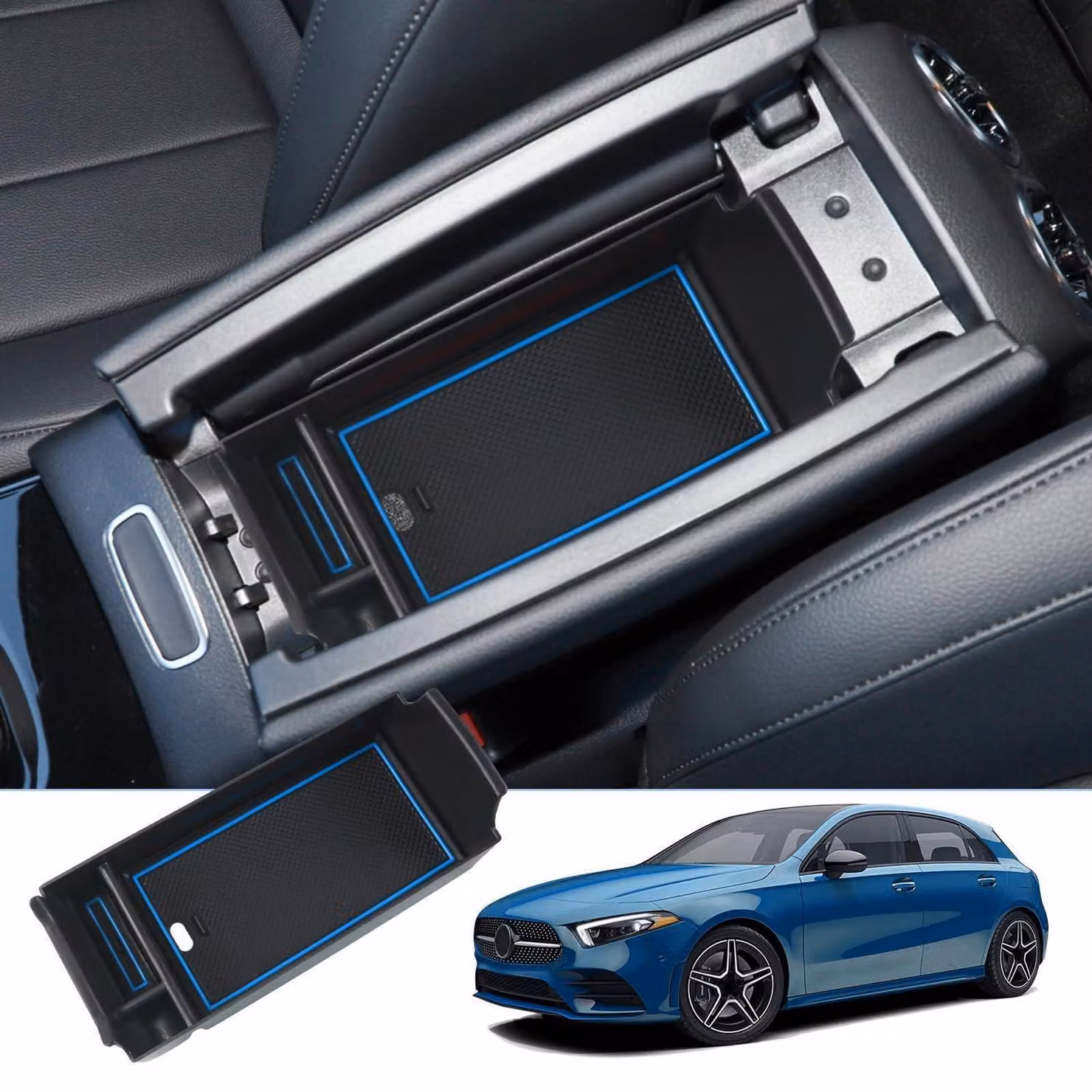 Contenitore portaoggetti per console centrale, compatibile con Mercedes-Benz Classe A (W177, V177), Classe B (W247), GLA (H247, X247), EQA, EQB, Classe C (C118), GLB, colore blu