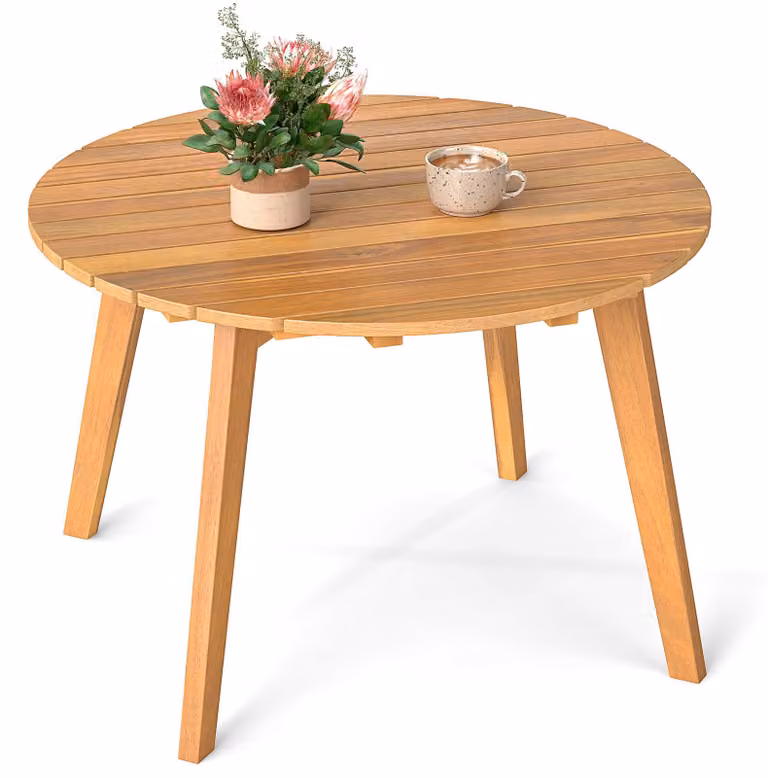 KOMFOTTEU, tavolino rotondo da esterno, tavolo da giardino in legno con piano a listelli, piccolo tavolo in legno di acacia, tavolo da balcone resistente alle intemperie, tavolino da caffè per giardino, balcone o terrazza, dimensioni 62 x 62 x 40 cm