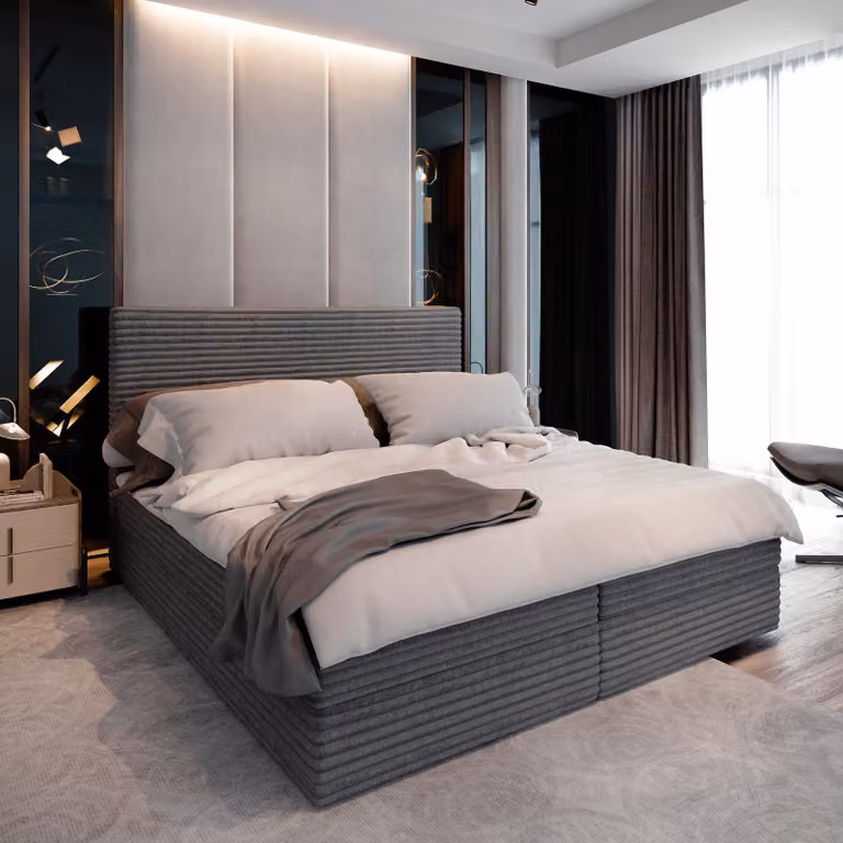 Letto a molle Masseno PISA 160x200 cm completo di materasso e topper Bonell, letto imbottito con cassettiera - grigio, TILIA 85