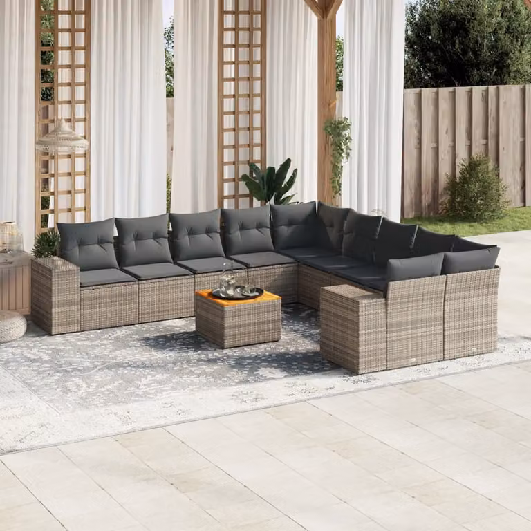 vidaXL Set Divani da Giardino 11 pz in Polyrattan Grigio con Cuscini e Tavolino da Esterno a Forma di L