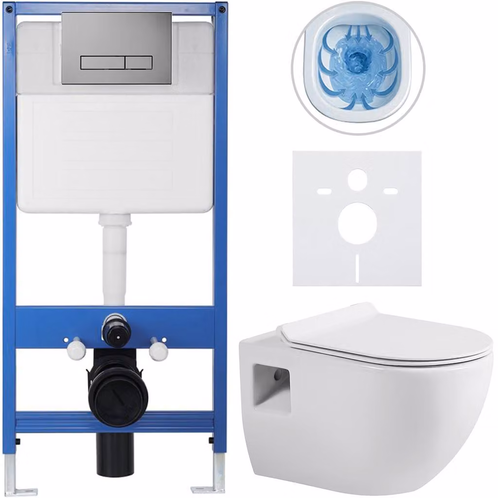 Set completo per WC sospeso Lite/Dure - bianco lucido - pulsante per WC modello Slim, grigio scuro - installazione a parete/con pannello in cartongesso - 51x35 cm