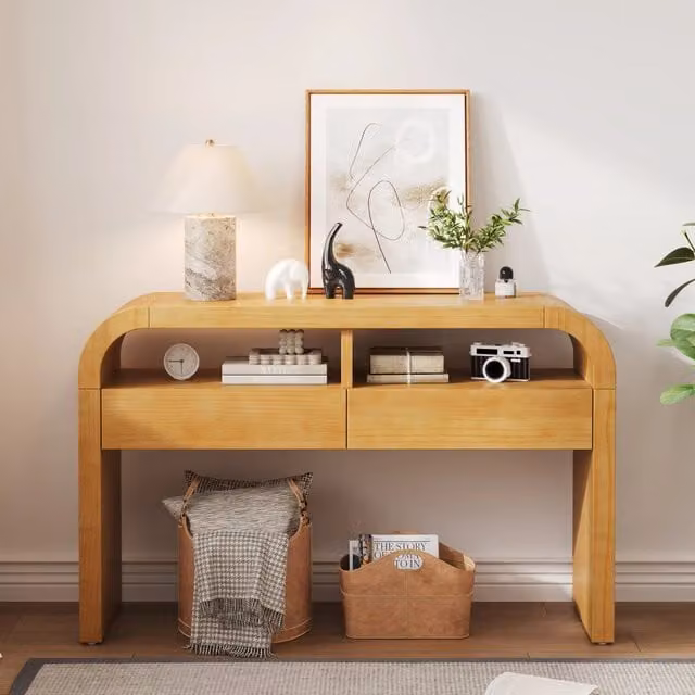 Consolle OKWISH moderna con 2 cassetti e vani aperti in MDF, colore naturale, L: 120 cm, P: 35.5 cm, H: 76.5 cm