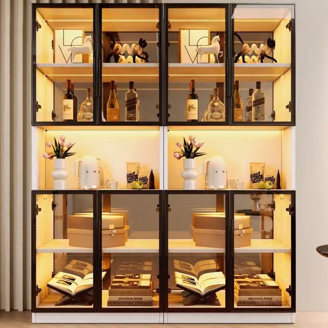 Set di 2 vetrine 140.0x30.0x170.0 cm con illuminazione LED in MDF e vetro bianco