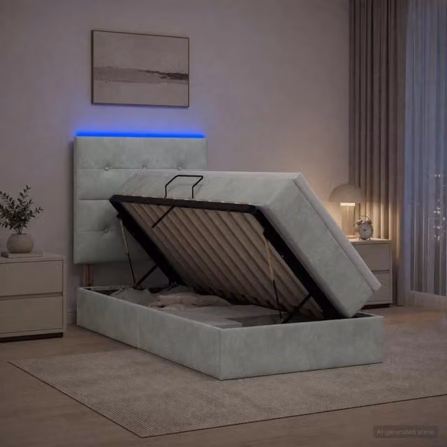 Letto con contenitore vidaXL in tessuto grigio con illuminazione LED, porta USB e materasso in schiuma, L/P/H: 100 x 200 x 45 cm – 1